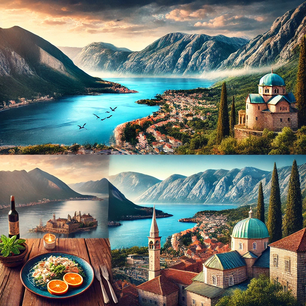 An image showcasing Montenegro's Bay of Kotor, the Durmitor National Park, traditional Kačamak dish, and a historic view of Podgorica with scenic mountains in the background.