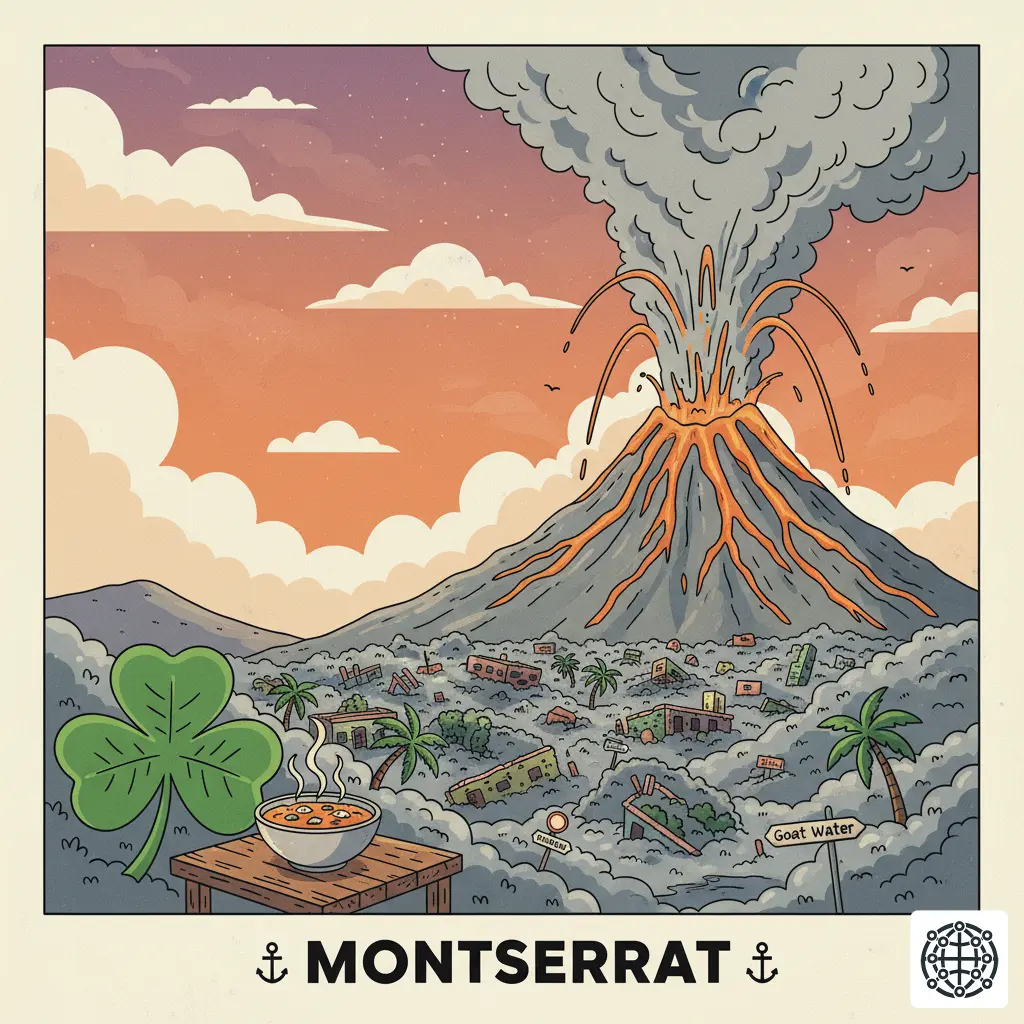 A stylized, modern illustration of Montserrat, featuring the Soufrière Hills volcano, a shamrock for its Irish heritage, a bowl of Goat Water, and the buried city of Plymouth.