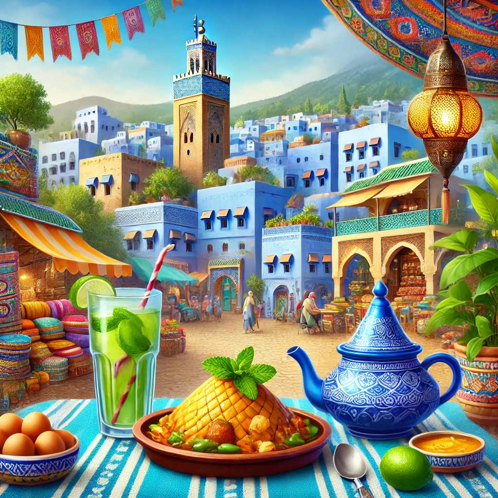 An inviting quiz scene featuring Moroccan elements like a tagine dish, mint tea, and a depiction of the Blue City of Chefchaouen. Background includes a Moroccan market with vibrant colors and traditional architecture.