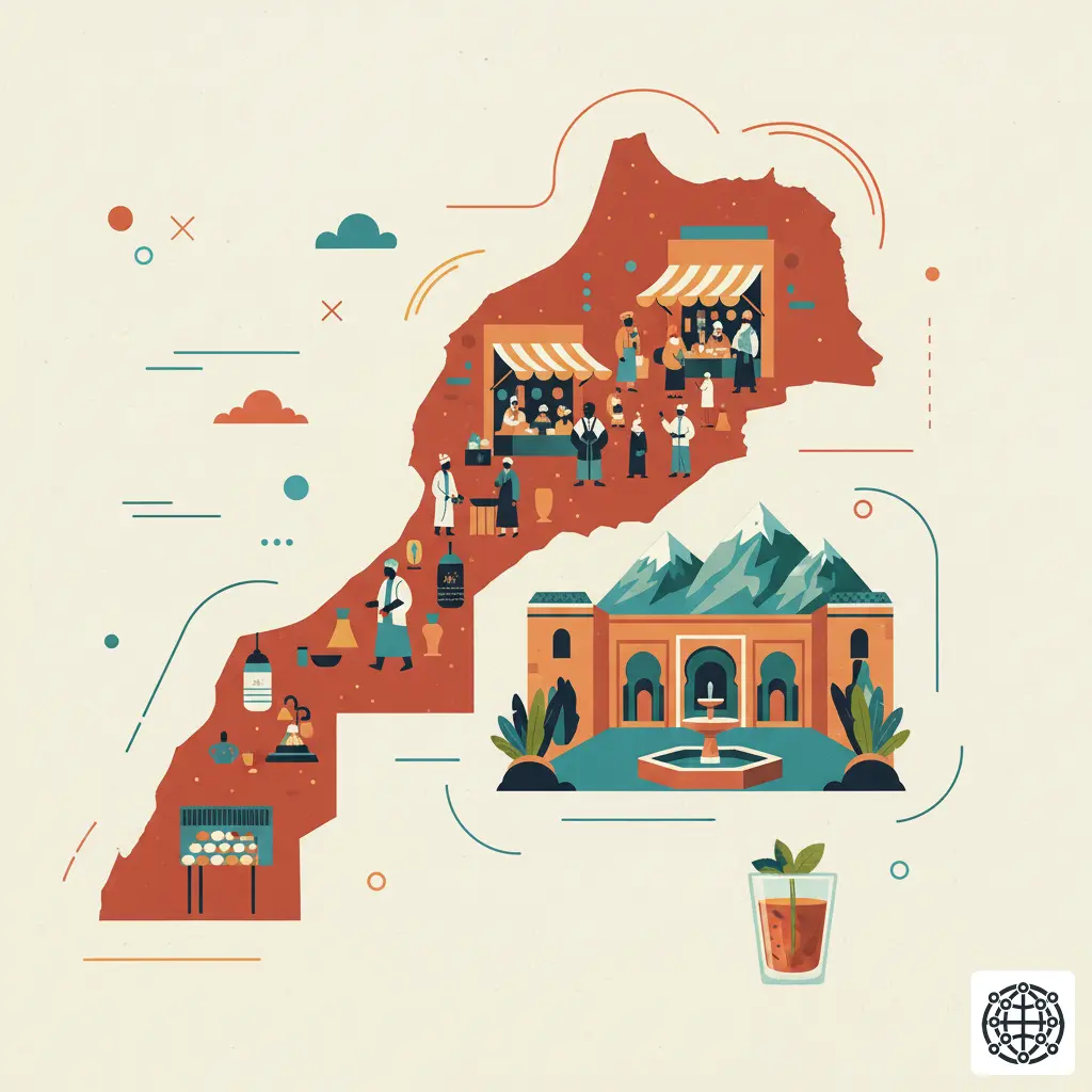 A stylized, modern illustration of Morocco, featuring a bustling souk in Marrakech, a traditional riad courtyard, the Atlas Mountains, and a glass of mint tea.