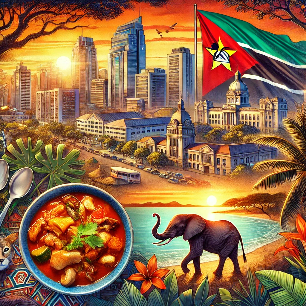 A vibrant illustration of Maputo’s skyline, a plate of Matapa stew served traditionally, a glimpse of Gorongosa National Park with wildlife, and the Indian Ocean coastline at sunrise.