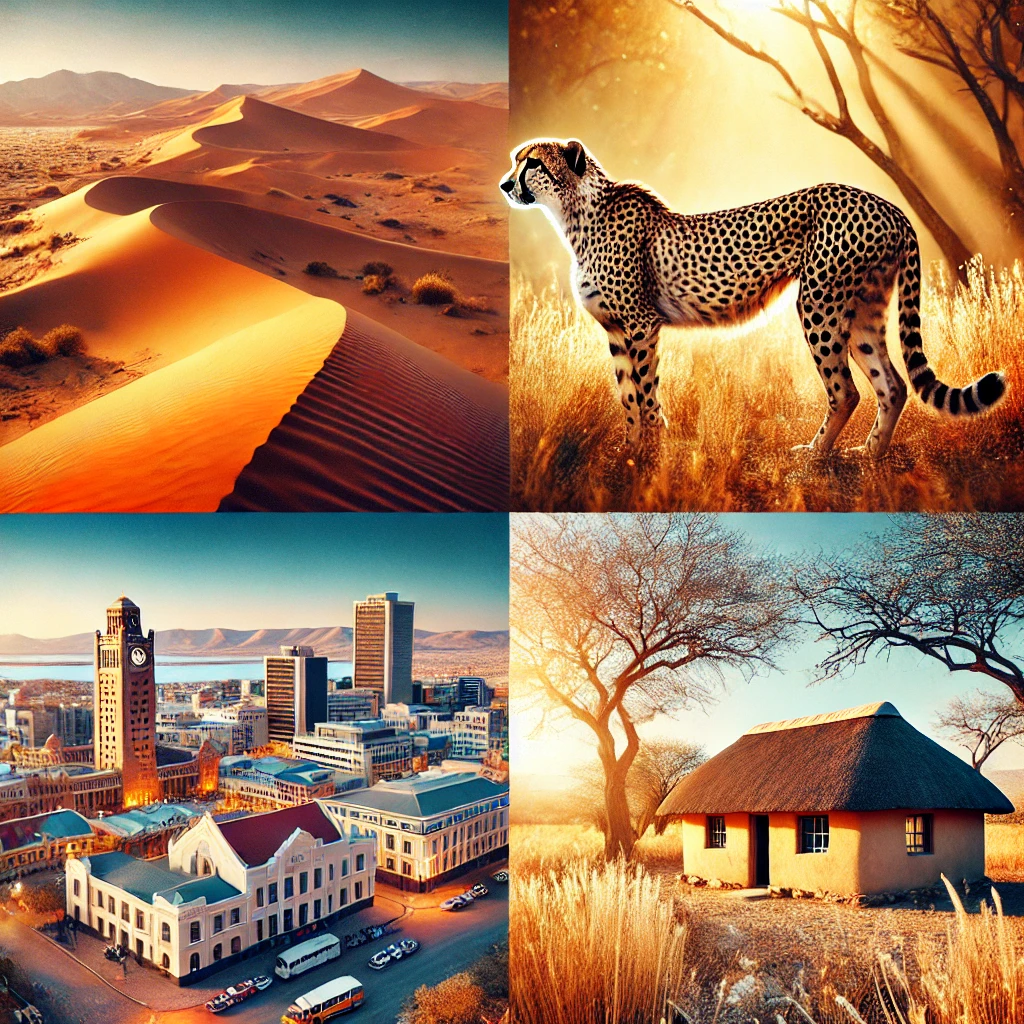 A stunning image of the Namib Desert with its iconic sand dunes, a cheetah in the wild, a vibrant scene of Windhoek city, and a traditional mud-brick house in rural Namibia.