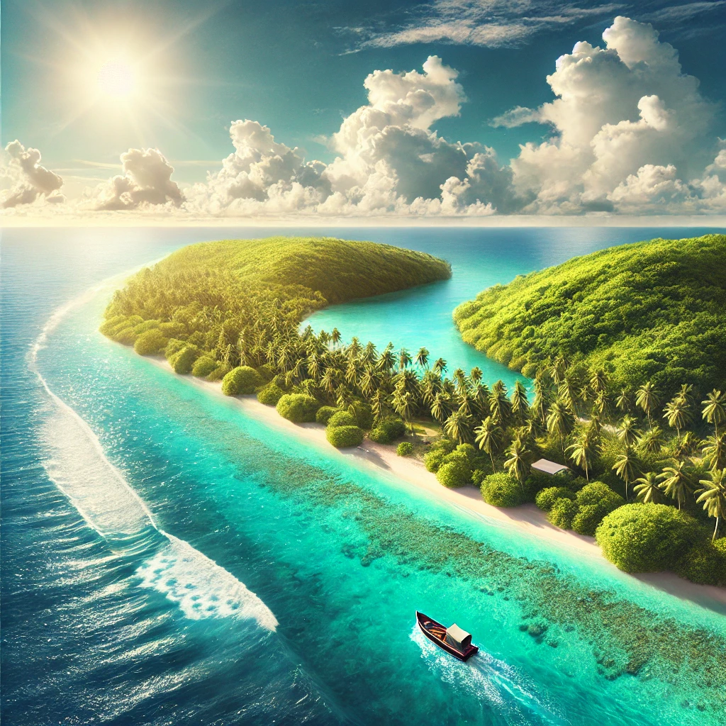 An aerial view of Nauru’s coastline showcasing its lush greenery, clear blue ocean, and a small local fishing boat near the shore under a bright sunny sky.