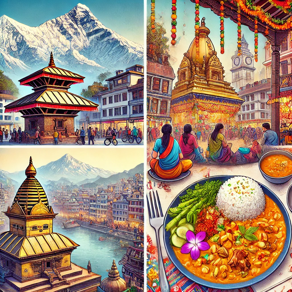 A panoramic view of Mount Everest, the bustling streets of Kathmandu, a plate of Dal Bhat with traditional accompaniments, and the colorful Tihar festival celebration in Nepal.