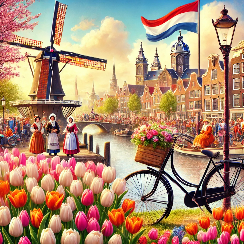 An image of Dutch with elements such as a tulip field, a windmill, a bicycle, and traditional Volendam costumes. The background includes a canal view with Amsterdam houses and a festive crowd in orange celebrating King’s Day.