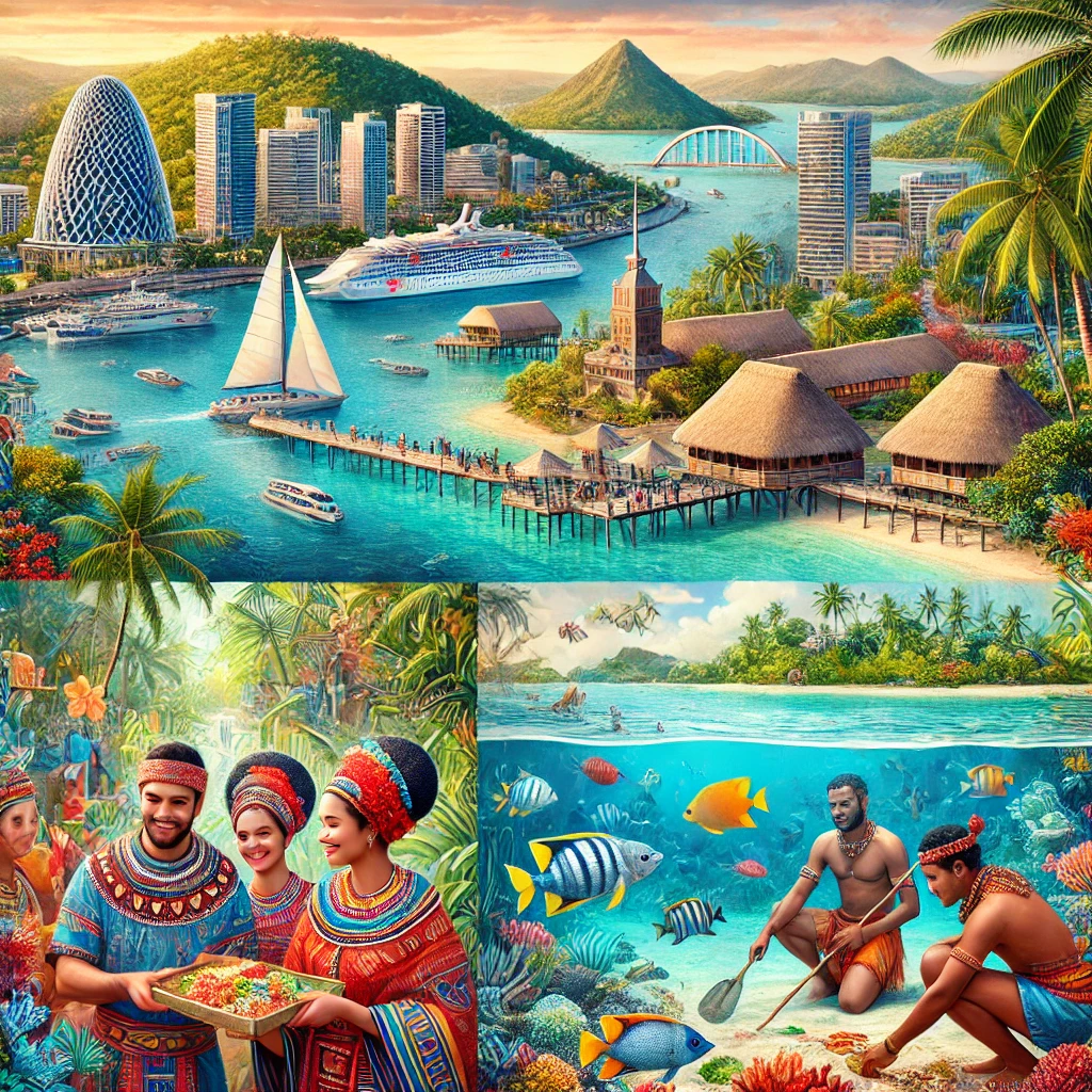 A scenic image of New Caledonia featuring Nouméa's vibrant cityscape, traditional Bougna meal preparation, snorkeling in the Coral Sea, and the Yam Festival celebration in a lush tropical setting.