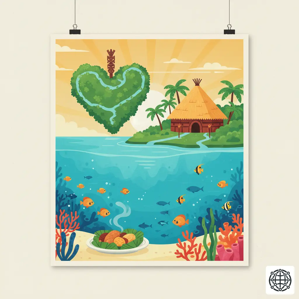 A stylized, modern illustration of New Caledonia, featuring the Heart of Voh mangrove, a traditional Kanak Grande Case (chief's hut), the turquoise waters of the Isle of Pines, and a plate of Bougna.