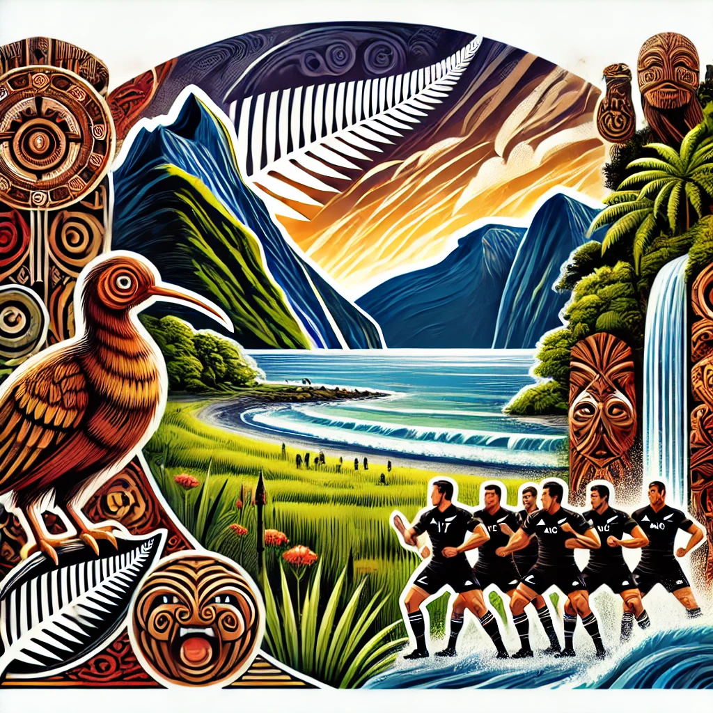 A dynamic quiz scene featuring New Zealand’s iconic landscapes such as Milford Sound and rolling hills, the Kiwi bird, Maori cultural elements like traditional carvings, and the All Blacks rugby team performing the haka.