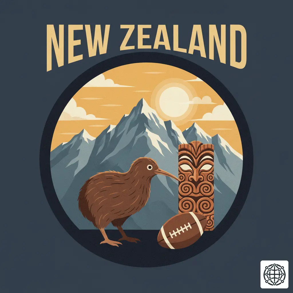 A stylized, modern illustration of New Zealand, featuring the Southern Alps, a Kiwi bird, a Māori carving, and a rugby ball.