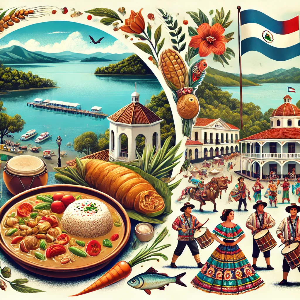 An image featuring Lake Nicaragua with its scenic views, traditional Nicaraguan dishes like Gallo Pinto, and festive scenes from La Purísima celebration.