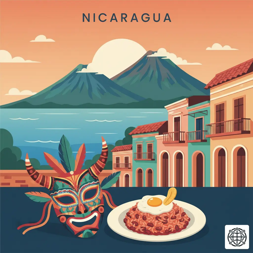 A stylized, modern illustration of Nicaragua, featuring the colonial architecture of Granada, the twin volcanoes of Ometepe Island in Lake Nicaragua, a colorful 'diablito' mask, and a plate of Gallo Pinto.
