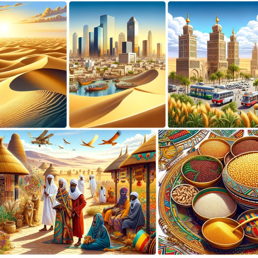 A scenic view of the Sahara Desert in Niger, the bustling city of Niamey, traditional millet-based dishes, and a vibrant depiction of Hausa culture.