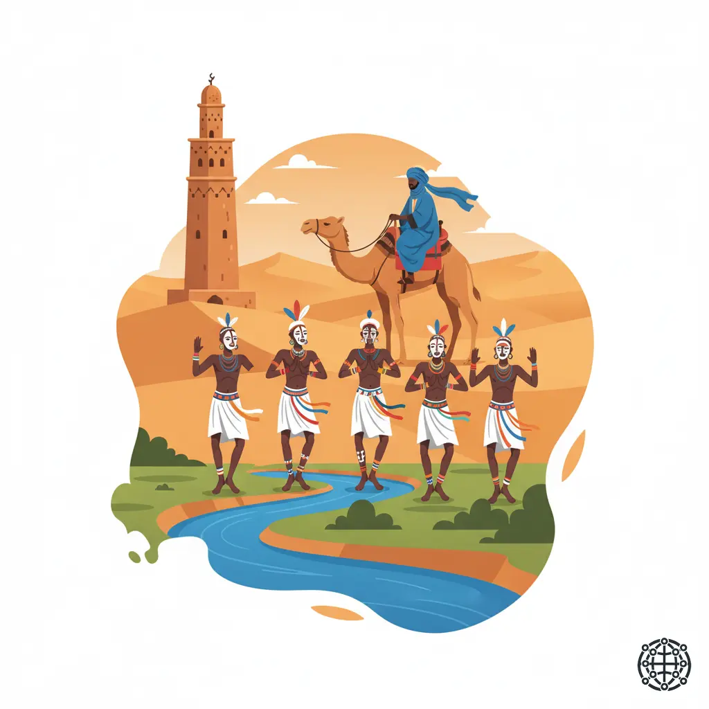 A stylized, modern illustration of Niger, featuring the mud-brick minaret of the Agadez Mosque, a Tuareg man with a dromedary camel, the Gerewol festival with Wodaabe men in traditional attire, and the Niger River.