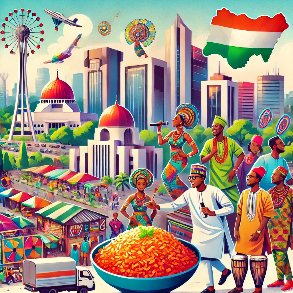 A colorful depiction of Nigerian landmarks: Abuja's skyline, a traditional Nigerian market, a plate of Jollof Rice, and vibrant Afrobeat performers.