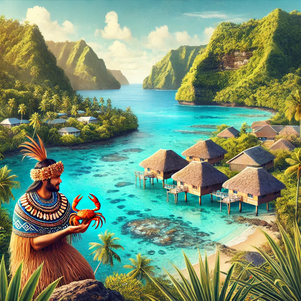 A scenic view of Niue featuring its pristine coastal cliffs, turquoise waters, traditional Polynesian houses, and a local person wearing cultural attire holding a coconut crab.