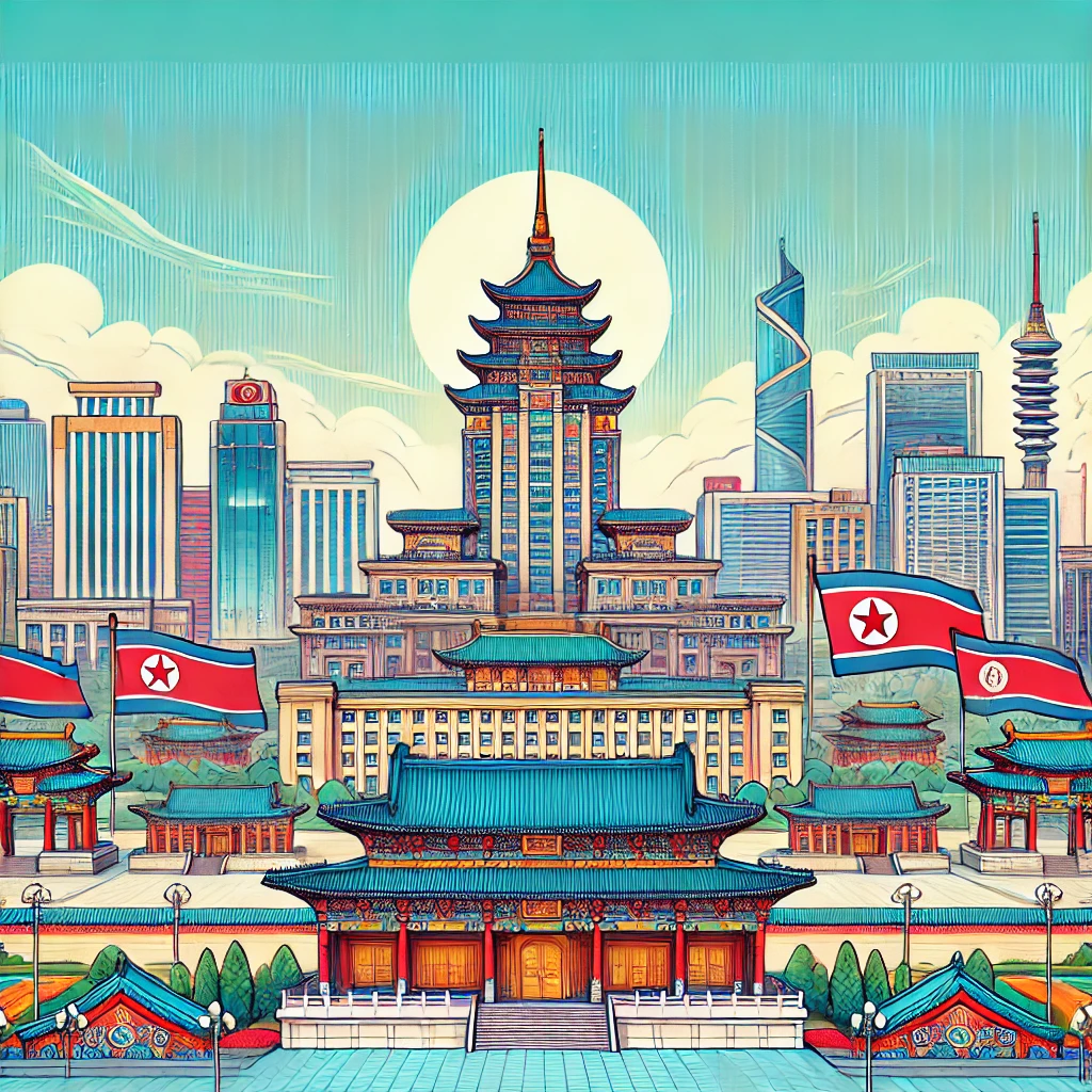 A detailed illustration of Pyongyang’s skyline, showcasing the Juche Tower and surrounding landmarks under a bright blue sky with subtle cultural elements visible in the cityscape.