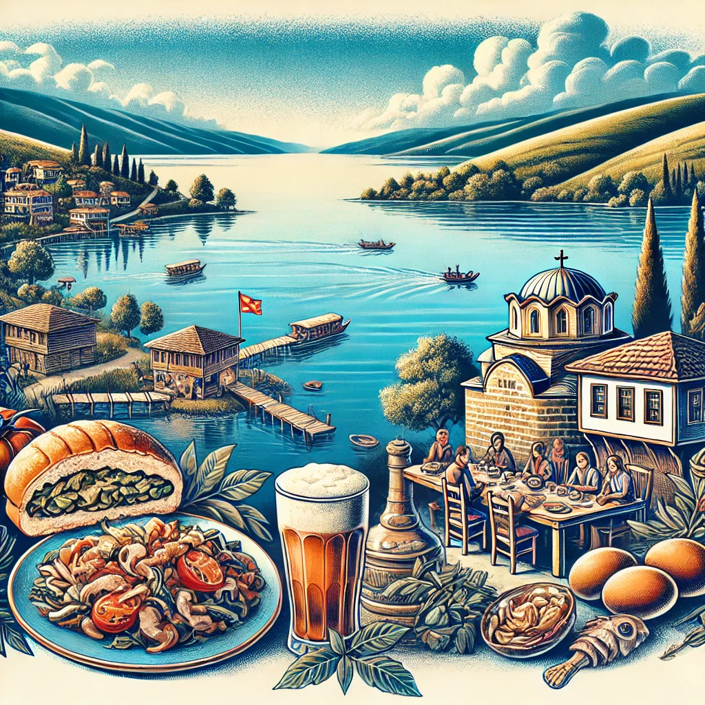 An image featuring the picturesque Lake Ohrid, traditional North Macedonian dishes like Tavče Gravče, and the Struga Poetry Evenings festival in a lively setting.