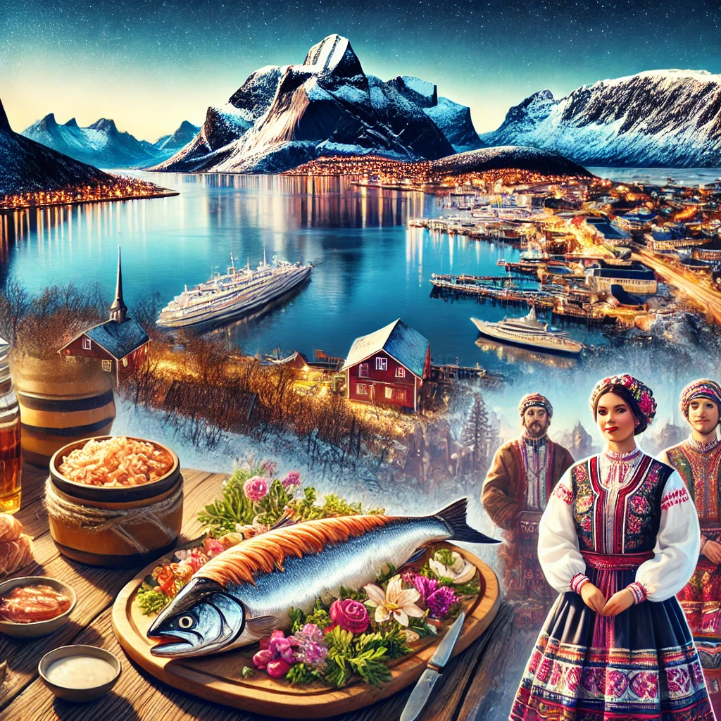 A breathtaking view of Norway’s Geirangerfjord with snowy peaks, a traditional Lutefisk dish on a wooden table, Oslo’s cityscape at night, and Sami people in traditional attire.