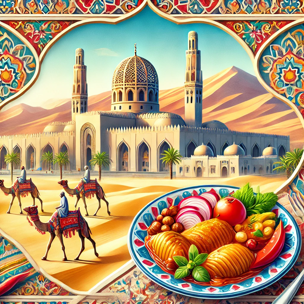 A vibrant image of the Grand Mosque in Muscat, a traditional Omani dish of Shuwa, and desert dunes with camels under a clear blue sky.