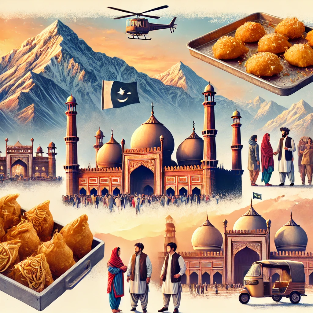 An image showcasing Pakistan’s cultural richness with iconic landmarks like the Badshahi Mosque, traditional outfits, street food like samosas, and the majestic Himalayan mountains in the background.