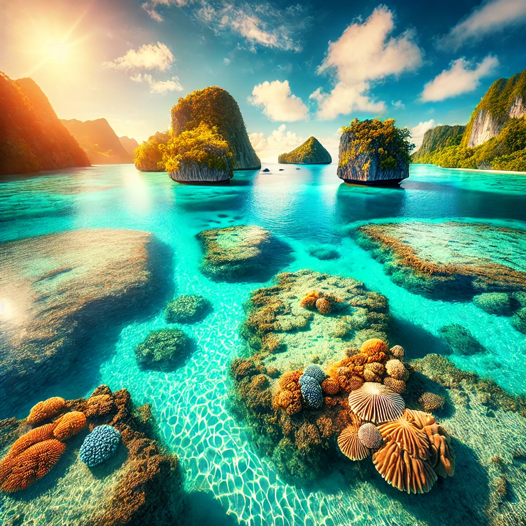 A picturesque image of Palau’s Rock Islands surrounded by crystal-clear turquoise waters under a sunny sky, with vibrant coral reefs visible beneath the surface.