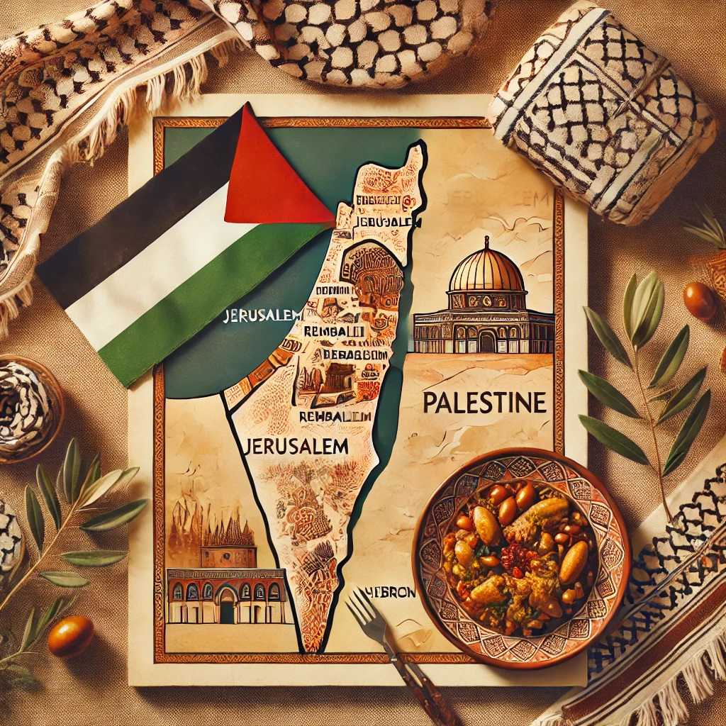 An image of a map of Palestine, showcasing its main cities like Jerusalem, Ramallah, and Hebron, along with cultural elements such as olive trees, a traditional keffiyeh, and a plate of Maqluba, depicted in a warm and inviting style to convey cultural richness and heritage.