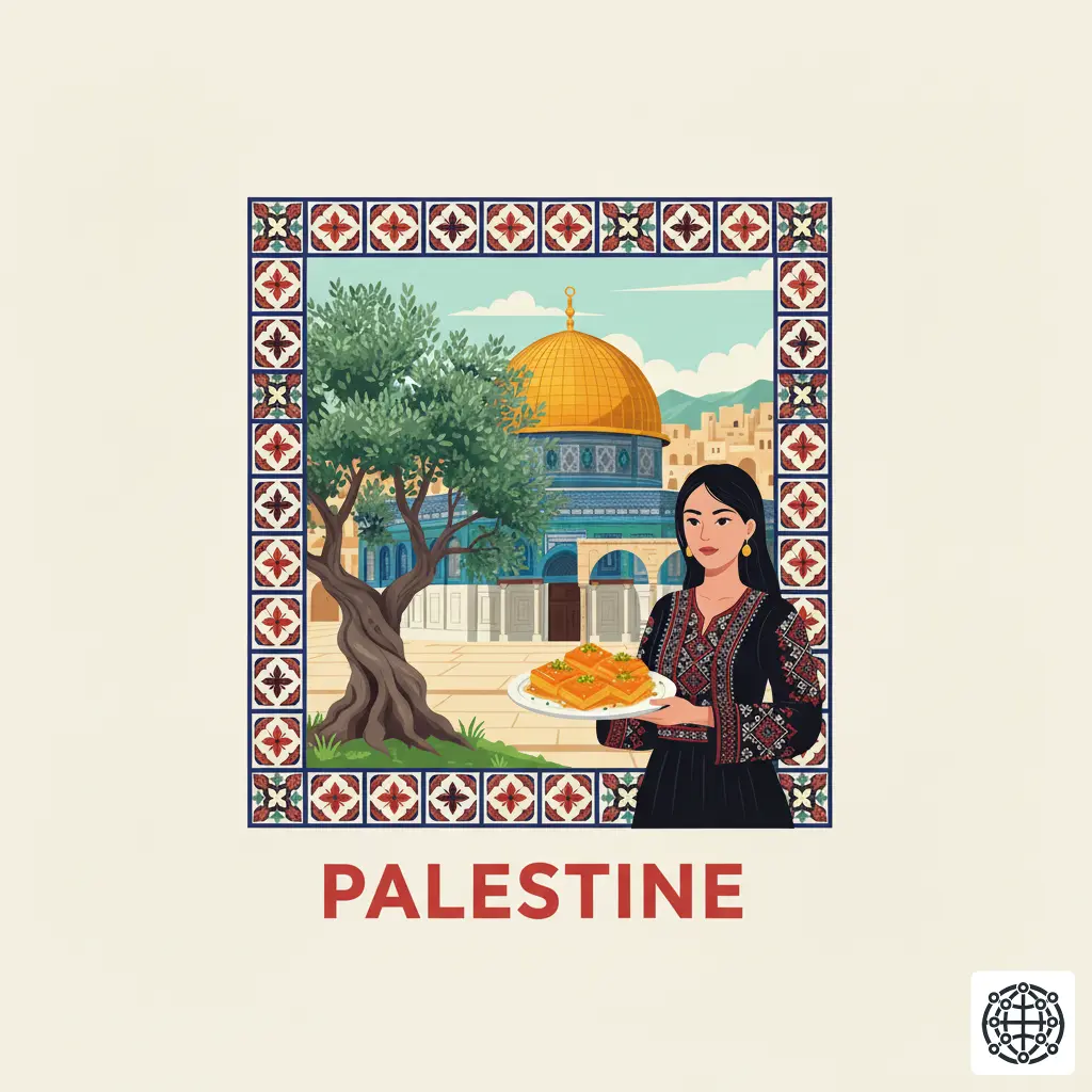 A stylized, modern illustration of Palestine, featuring the Dome of the Rock, an olive tree, a woman wearing traditional Tatreez embroidery, and a plate of Knafeh.