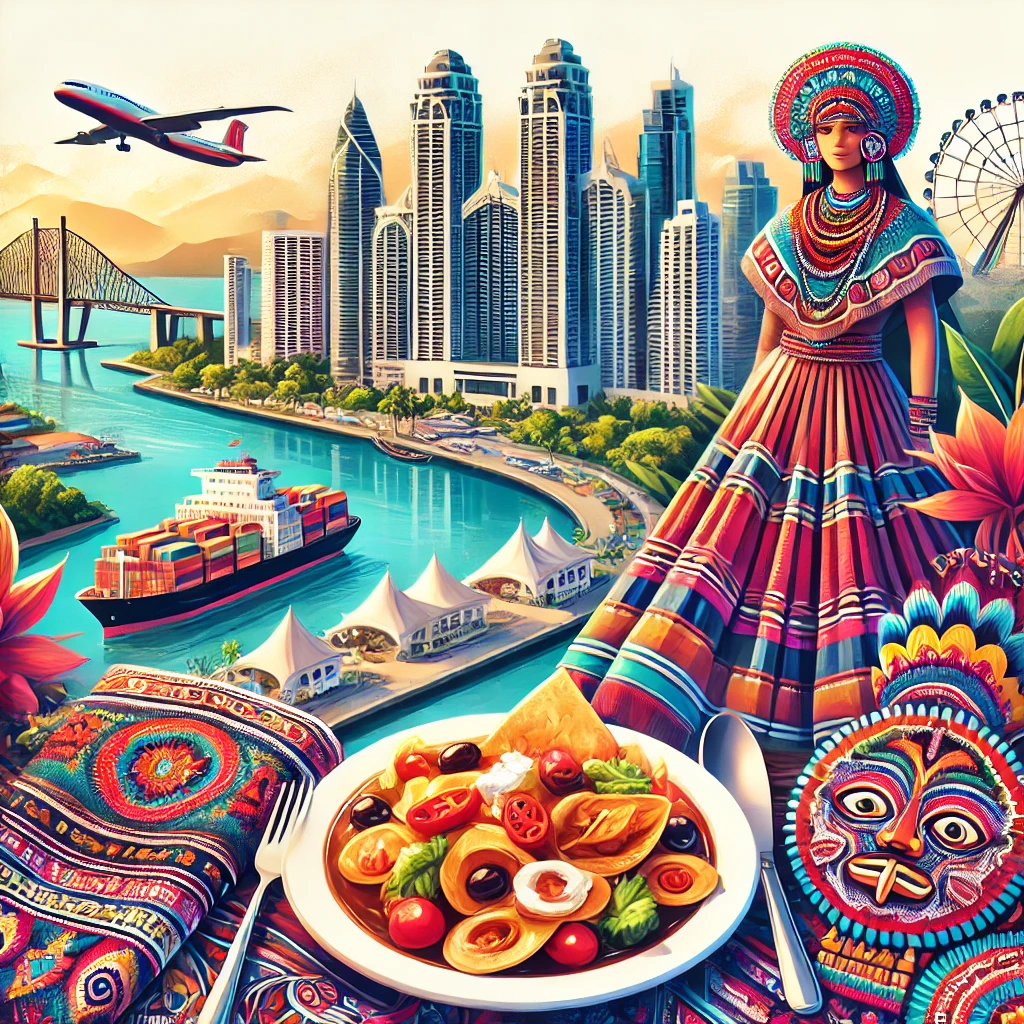 An image featuring Panama City’s skyline, the Panama Canal, a plate of Sancocho, traditional Pollera dresses, and a Kuna artisan creating colorful molas, capturing Panama’s vibrant culture and landmarks.