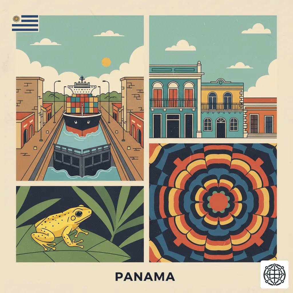 A stylized, modern illustration of Panama, featuring the Panama Canal with a large ship, the colorful buildings of Casco Viejo, a golden frog, and a traditional mola textile pattern.