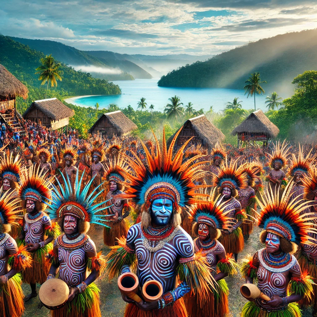 A vibrant tribal celebration with people in traditional Papua New Guinea attire, a view of Port Moresby’s coastline, lush highlands with misty mountains, and a local village with wooden huts on stilts.