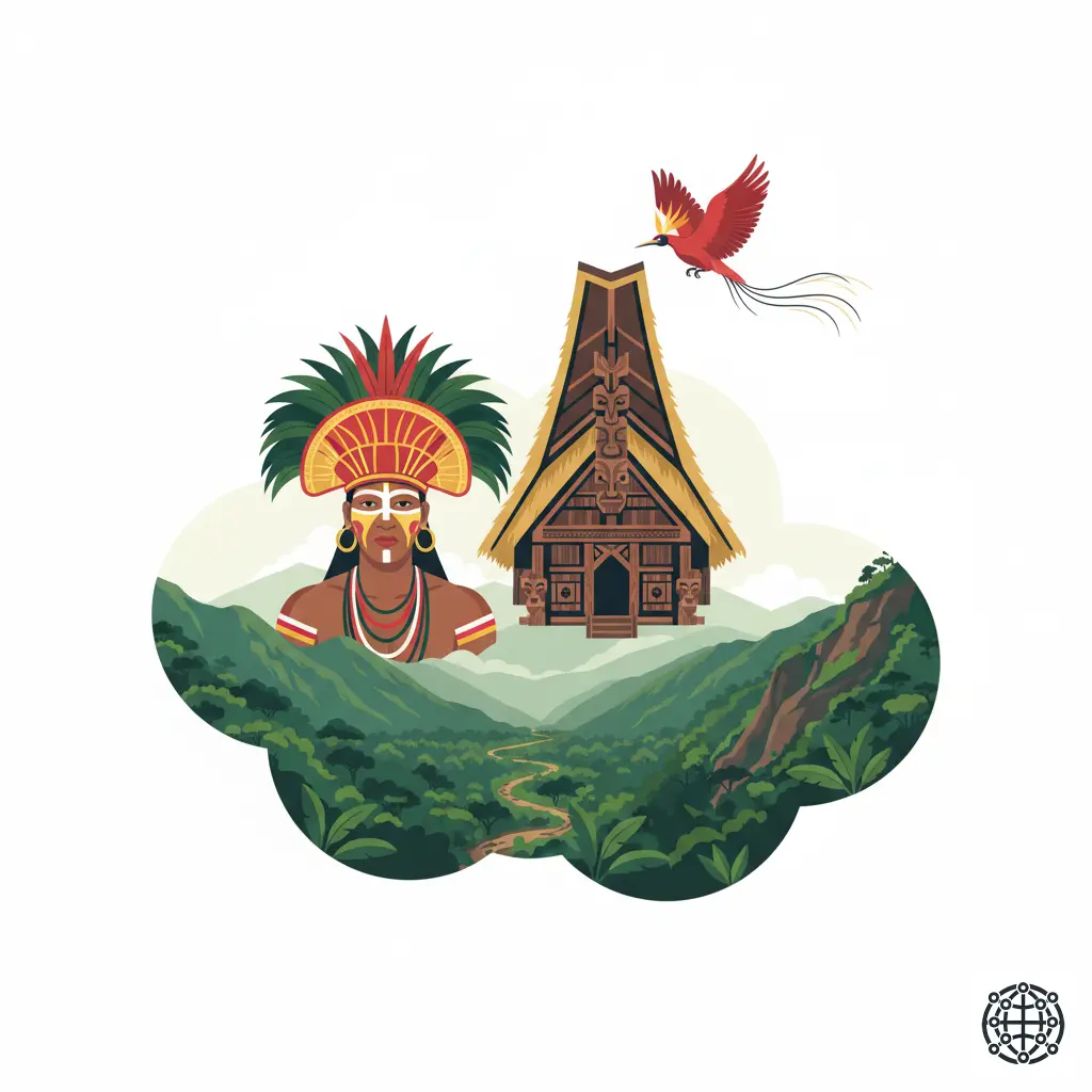A stylized, modern illustration of Papua New Guinea, featuring a Huli Wigman in traditional attire, a 'haus tambaran' spirit house from the Sepik region, a bird-of-paradise, and the rugged landscape of the Kokoda Track.