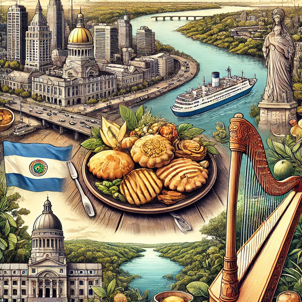 An image depicting Paraguay’s culture: the capital city Asunción, traditional Chipa bread, a Paraguayan harp, and the scenic Paraná River with lush green landscapes.