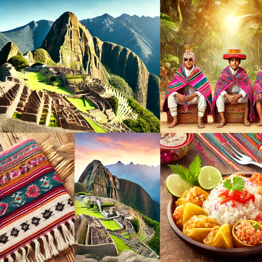 An image of iconic Peruvian landmarks like Machu Picchu, traditional alpaca wool textiles, a plate of ceviche, and lush Amazon rainforest scenery. Include people enjoying a traditional Peruvian dance.