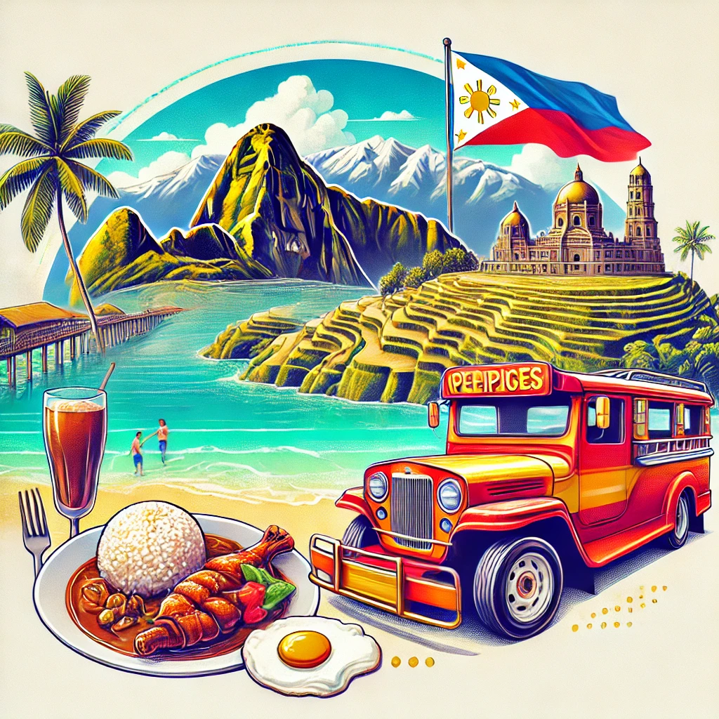 An image featuring iconic elements of the Philippines: a Jeepney, the Banaue Rice Terraces, traditional Filipino dishes like Adobo, and a tropical beach scene with clear waters and palm trees.