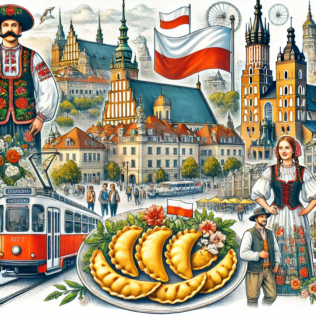 A picturesque image featuring traditional Polish Pierogi, a historic castle in Kraków, folk costumes with embroidered vests, a tram in a Polish city, and the iconic Royal Castle in Warsaw surrounded by vibrant Old Town scenery.