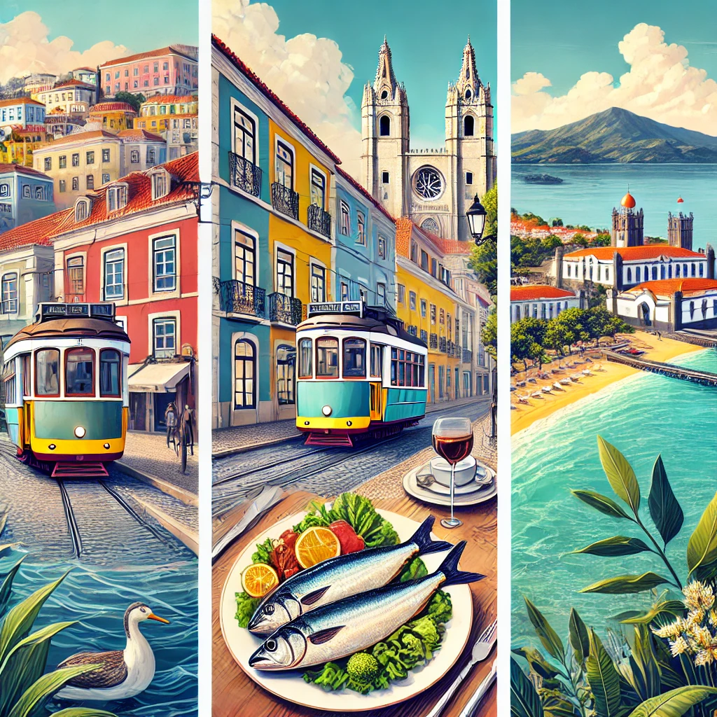 A scenic view of Lisbon's colorful streets and iconic yellow tram, a traditional plate of Bacalhau, and a backdrop of the beautiful Madeira island with lush landscapes and crystal-clear waters.