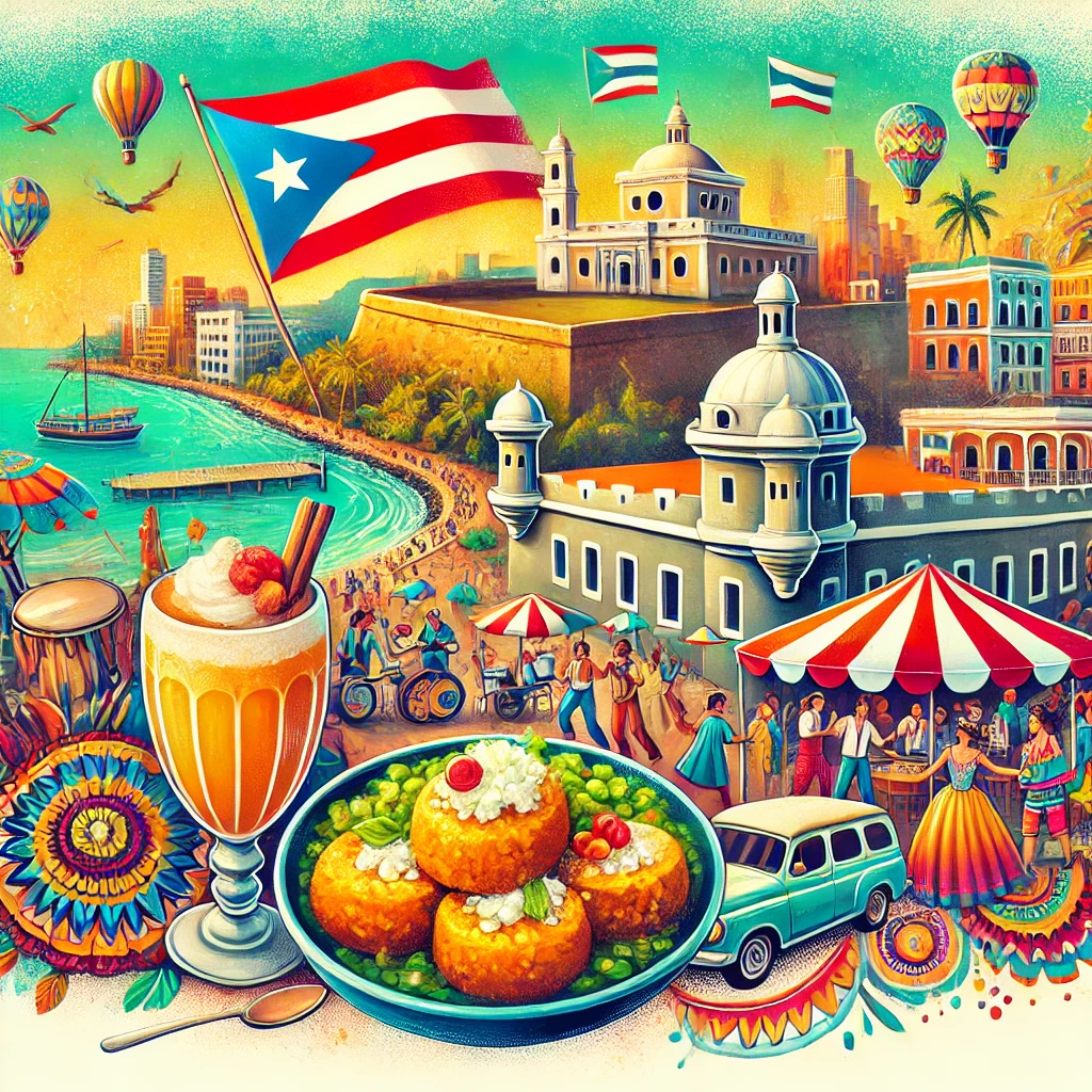 A colorful depiction of Puerto Rico’s vibrant culture, including iconic landmarks like El Morro, traditional food like mofongo, and a lively festival scene with music and dancing.