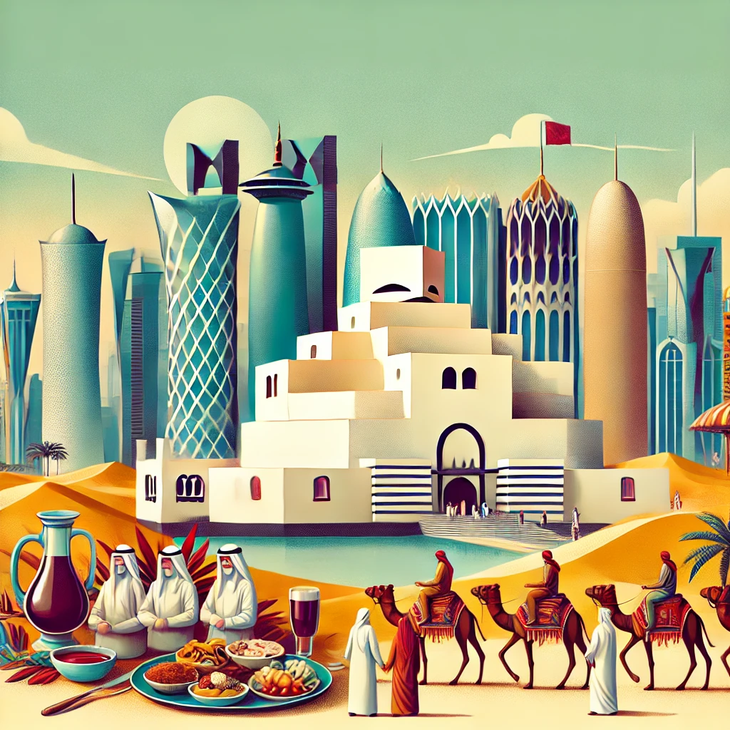 An image showcasing the skyline of Doha, the Museum of Islamic Art, a plate of Majboos, a desert safari scene, and Qatari traditional attire such as the Dishdasha and Thobe, capturing the essence of Qatar's culture and modernity.