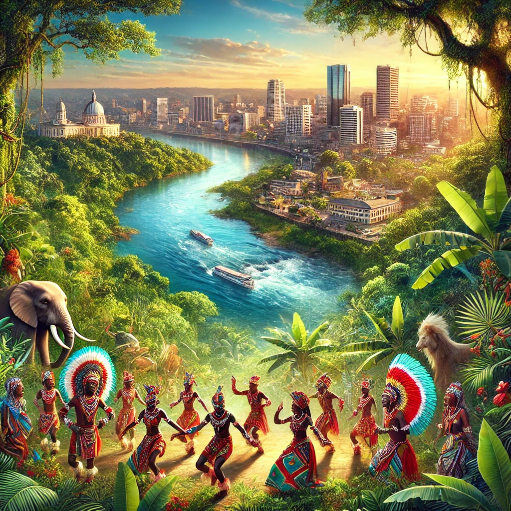 A vibrant image showcasing the Congo River, lush rainforests, traditional dancers in colorful attire, and a view of Brazzaville with its modern and historical architecture.