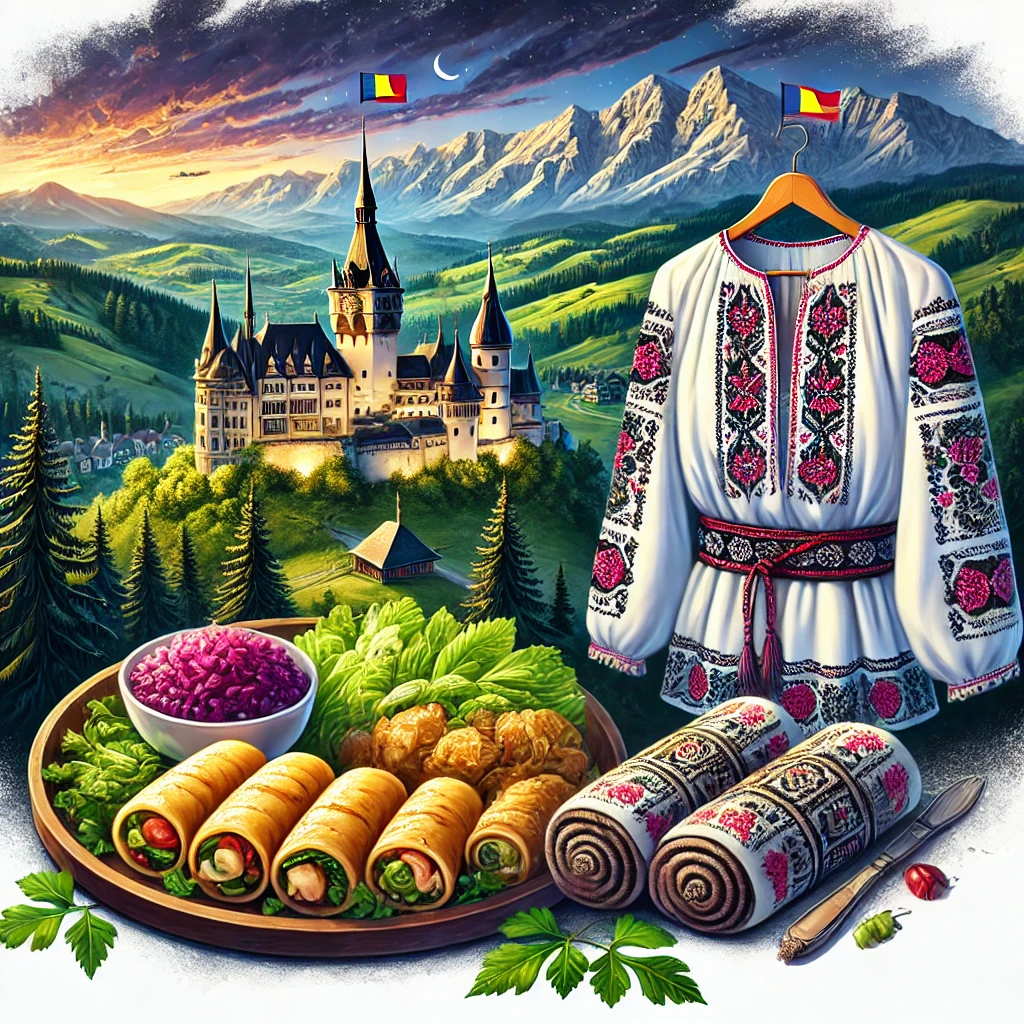 An image of Bran Castle at dusk, a plate of Sarmale, a traditional Romanian Ie blouse with intricate embroidery, and scenic landscapes of the Carpathian Mountains.