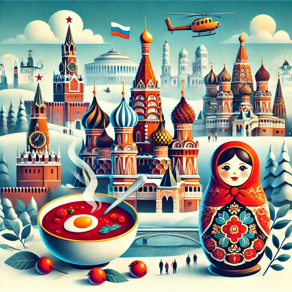 An immersive quiz image featuring iconic Russian elements such as St. Basil's Cathedral, traditional matryoshka dolls, the Kremlin, scenes of snowy landscapes, and a bowl of borscht. Highlight Russia’s grandeur and cultural depth in a visually captivating way.