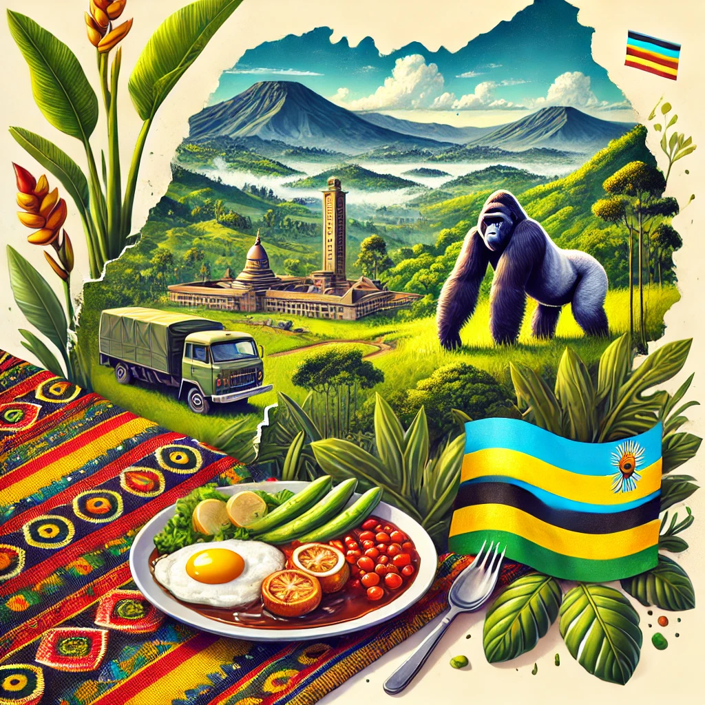 An image featuring a map of Rwanda with its capital Kigali marked, lush green hills symbolizing 