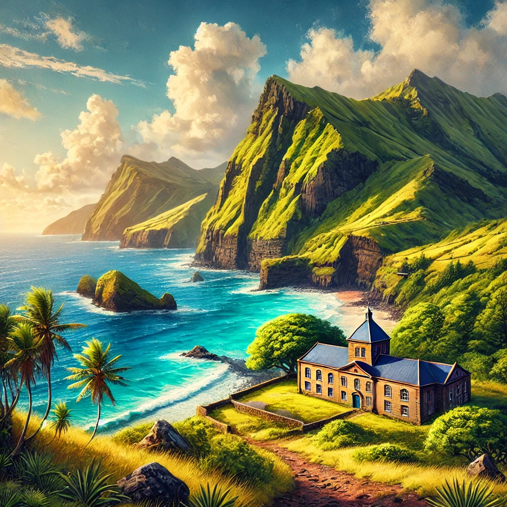 A picturesque view of Saint Helena’s rugged coastline with lush green hills, a serene blue ocean, and a historic building near Napoleon’s Tomb under a bright, sunny sky.