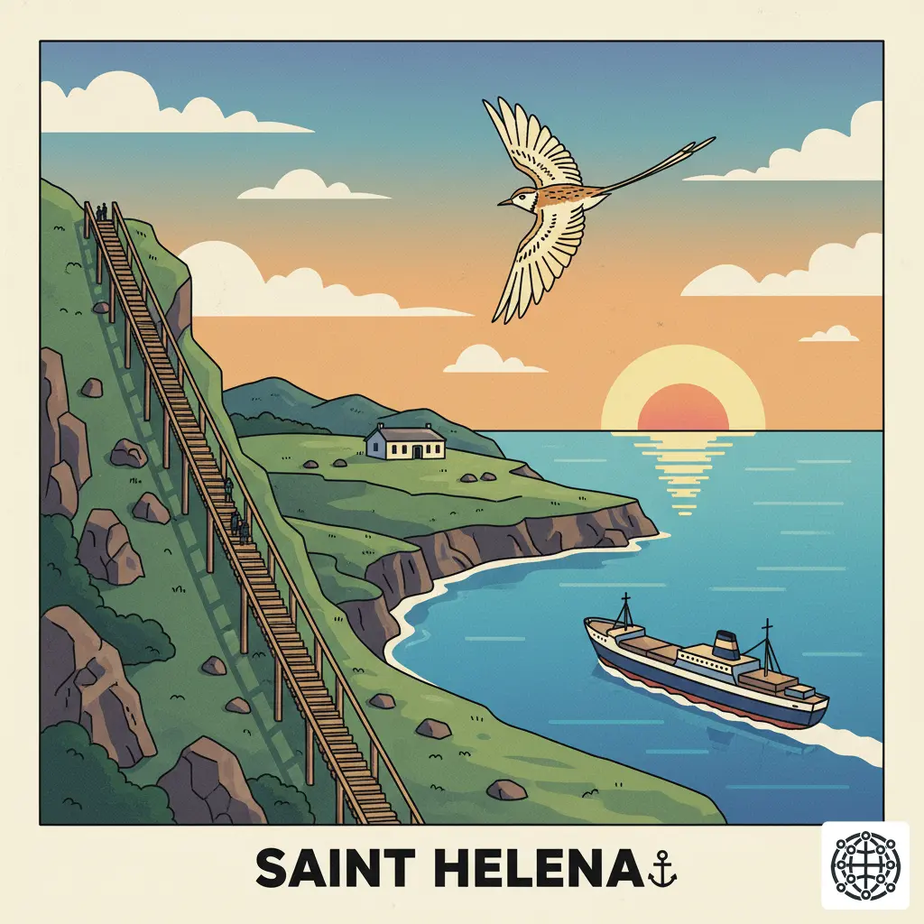 A stylized, modern illustration of Saint Helena, featuring Jacob's Ladder, Longwood House where Napoleon was exiled, a Wirebird, and the RMS St. Helena.