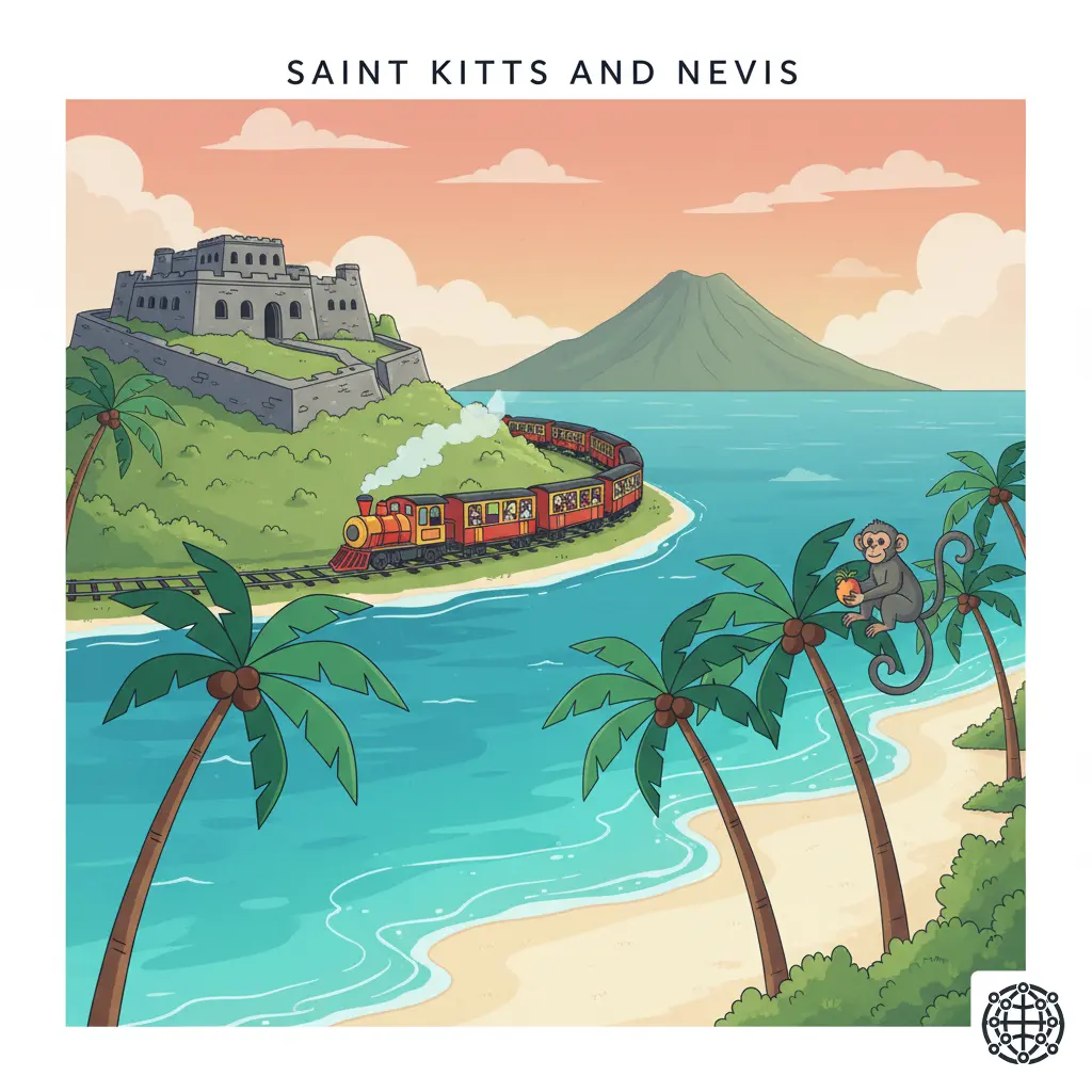 A stylized, modern illustration of Saint Kitts and Nevis, featuring the Brimstone Hill Fortress, the scenic railway, a vervet monkey, and a beautiful beach scene.