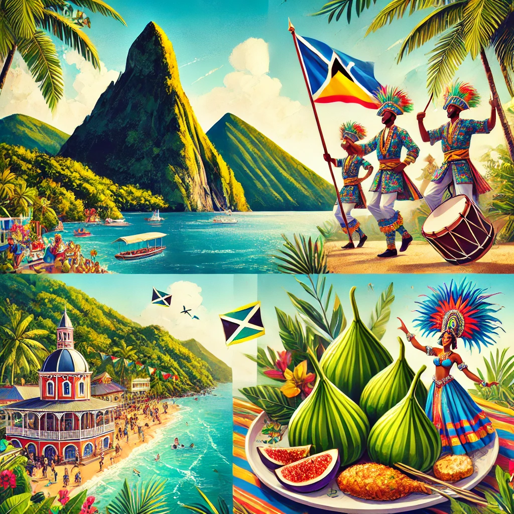 A vibrant image showcasing Saint Lucia's iconic Pitons, a traditional Green Fig and Saltfish dish, a colorful festival scene, and its pristine Caribbean beaches.