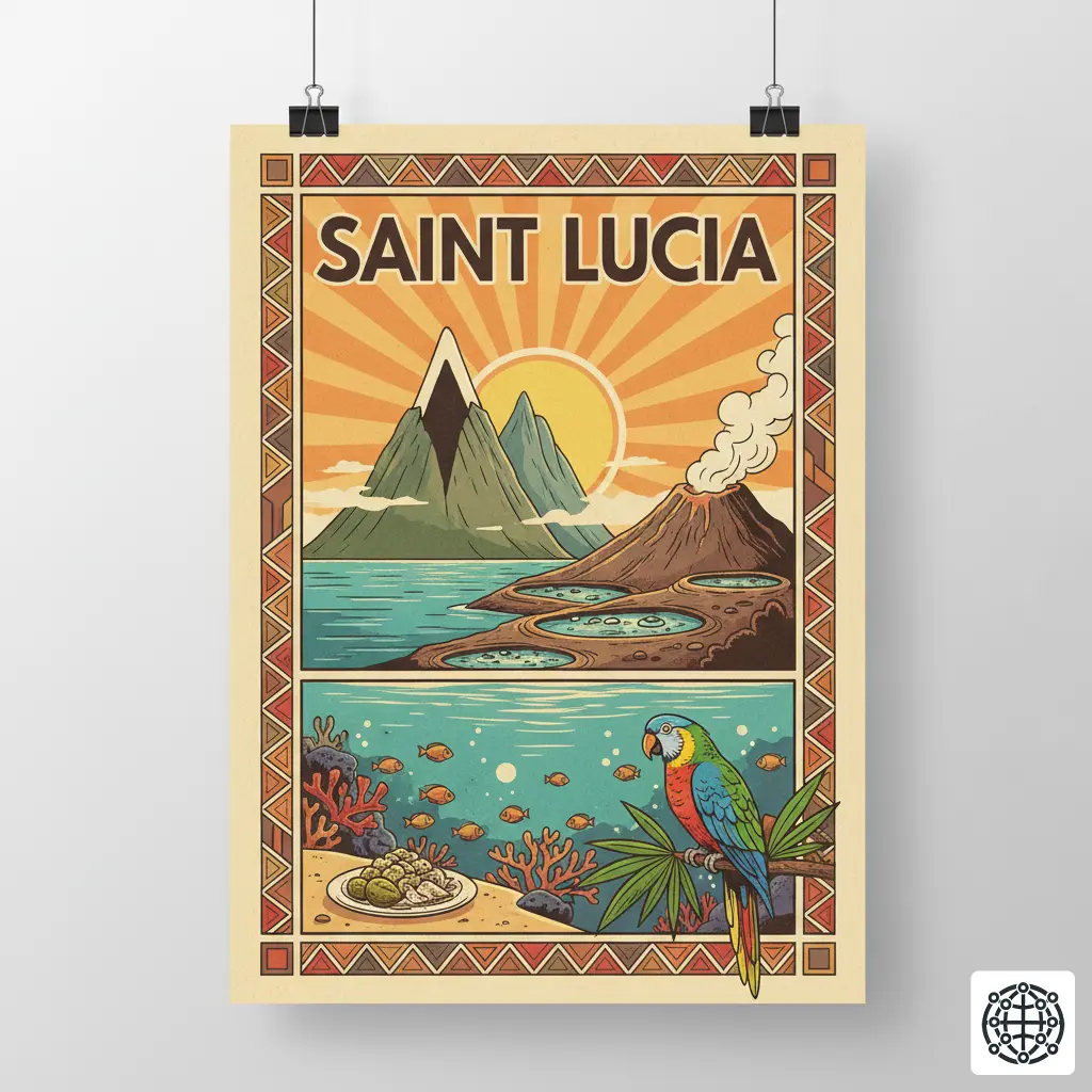 A stylized, modern illustration of Saint Lucia, featuring the iconic Pitons rising from the sea, the Sulphur Springs 'drive-in' volcano, a colorful Jacquot parrot, and a plate of green figs and saltfish.