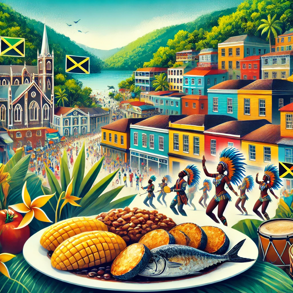 A vibrant view of Kingstown with its colorful buildings, lush hills, a plate of roasted breadfruit and jackfish, and a Carnival parade featuring traditional costumes.