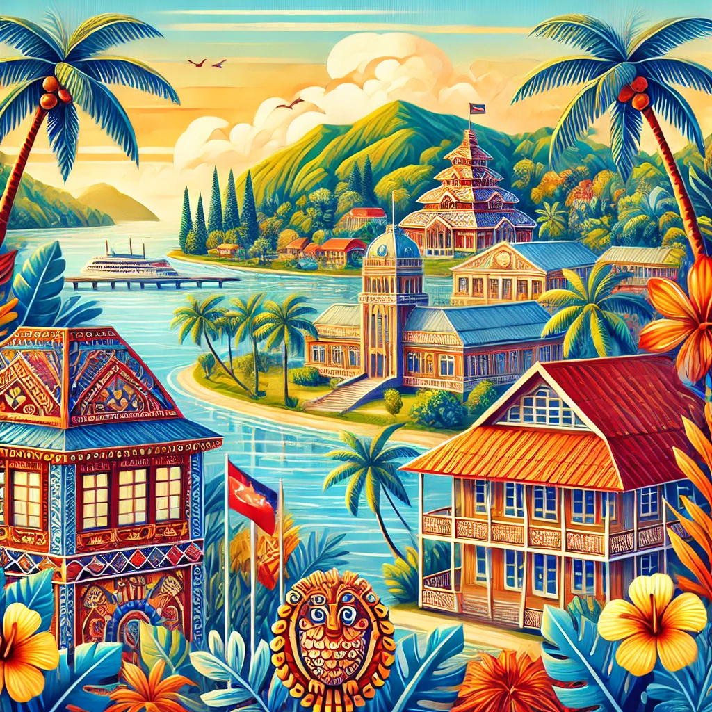 A vibrant illustration of Samoa, showcasing landmarks like Apia, traditional fale houses, and tropical elements such as palm trees and the Pacific Ocean.