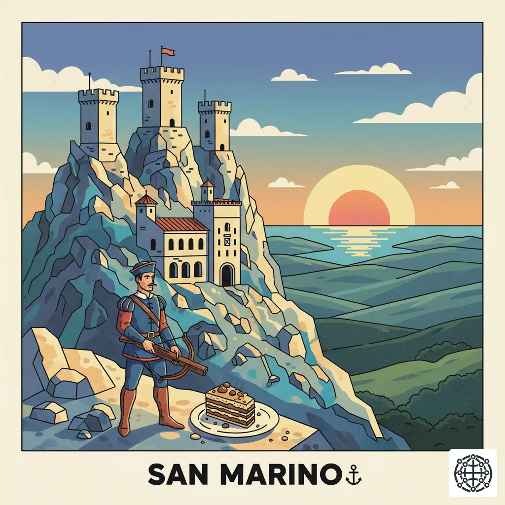 A stylized, modern illustration of San Marino, featuring the Three Towers on Mount Titano, the Palazzo Pubblico, a crossbowman, and a slice of Torta Tre Monti.